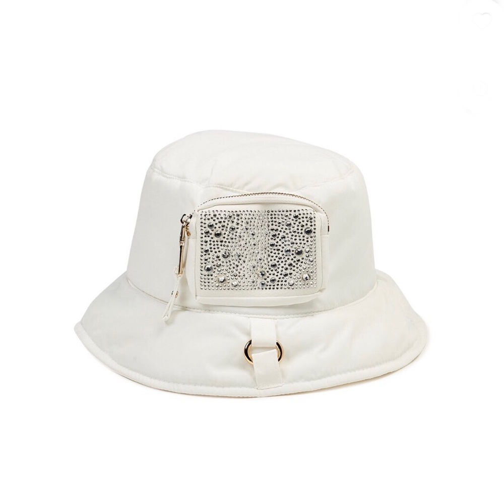 Women’s cute fashionable bejeweled white Puffer Bucket‎ Hat with zippered pocket